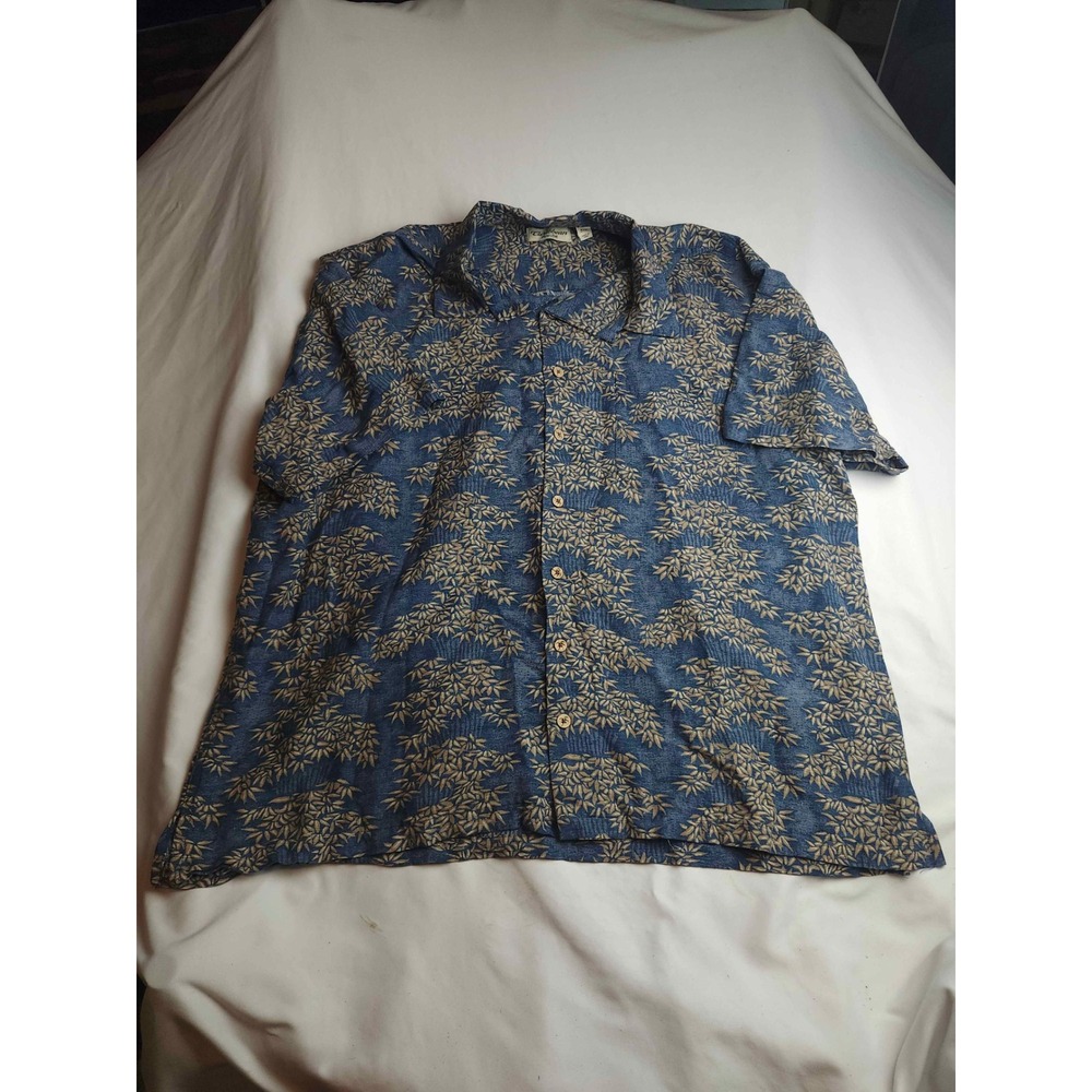 Caribbean Pure Silk Mens 2xb Blue Bamboo Tropical Camp Shirt Short Sleeve